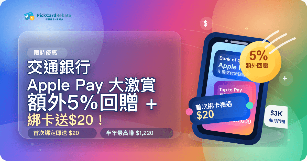 📱 交通銀行 Apple Pay 大激賞｜額外5%回贈 + 綁卡送$20！