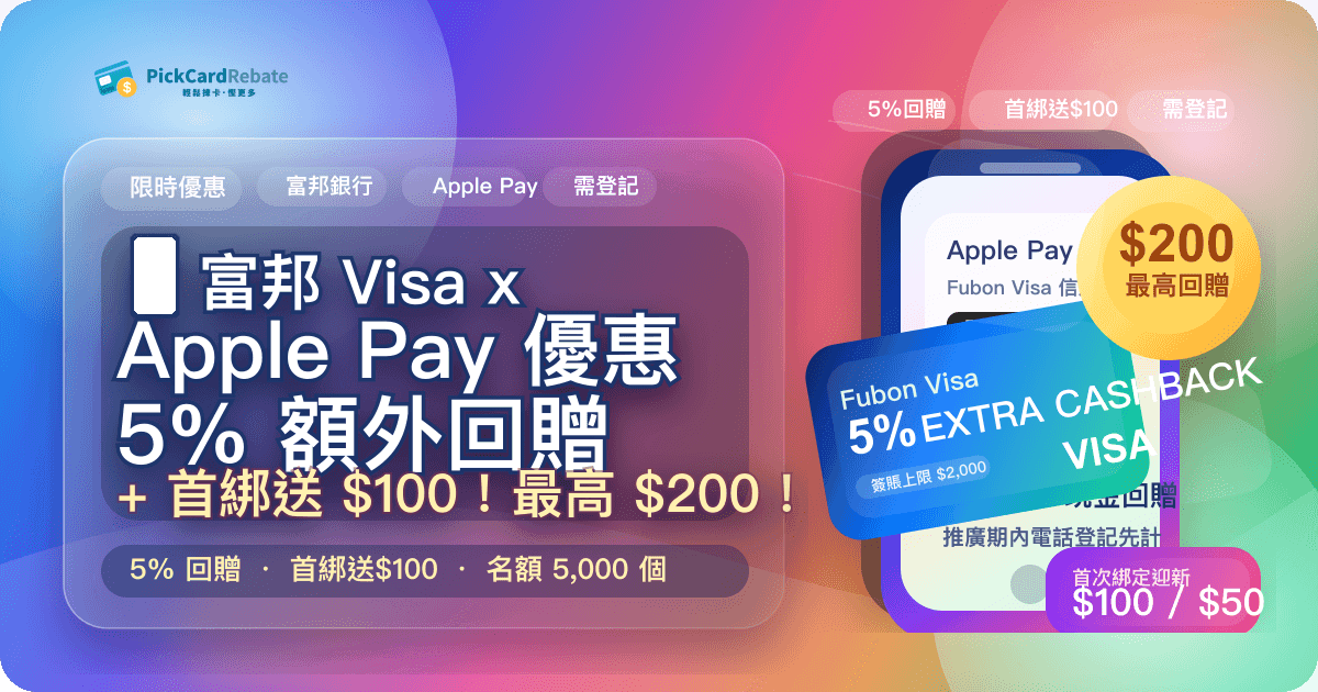 📱 富邦 Visa x Apple Pay 優惠｜5% 額外回贈 + 首綁送 $100！最高 $200！