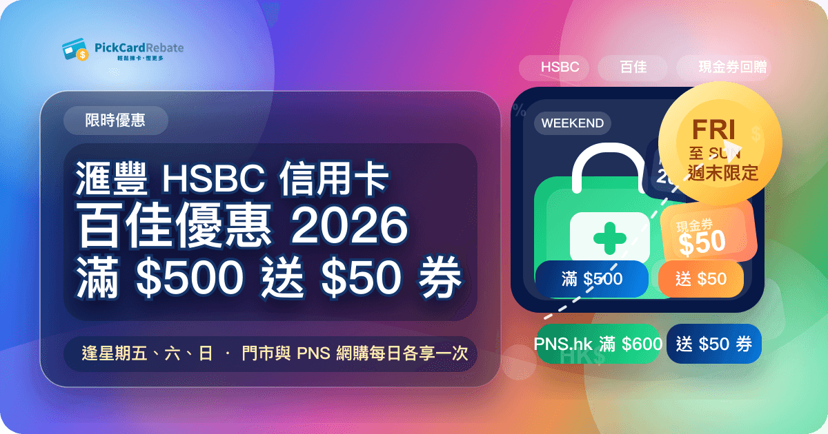 滙豐 HSBC 信用卡百佳優惠 2026|逢星期五六日簽滿 $500 送 $50 現金券
